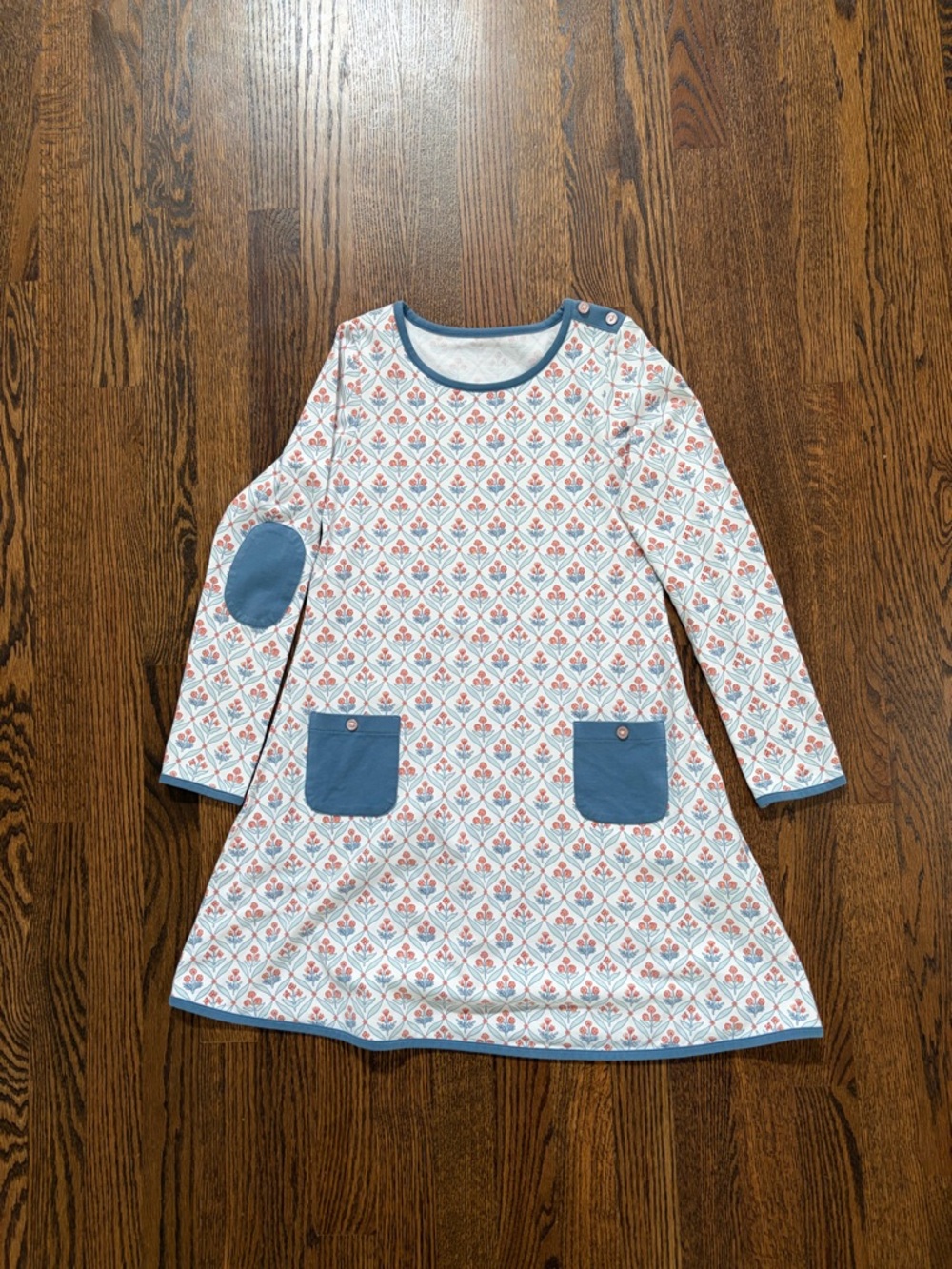 Girls Blue Floral Print Long-Sleeve Casual Dress with Pocket Details